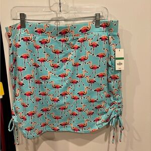Crown & Ivy NEW Flamingo Print Mini Skort Turquoise Pink Ruched Womens Size L